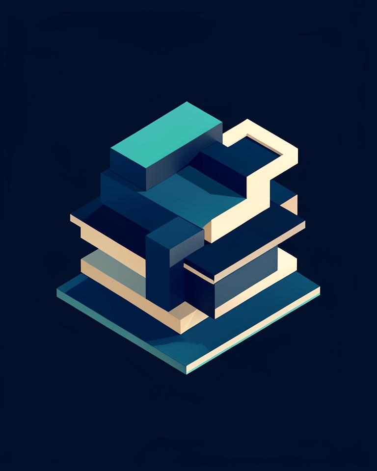 Layered modular software interface forms in blue, teal, and ivory